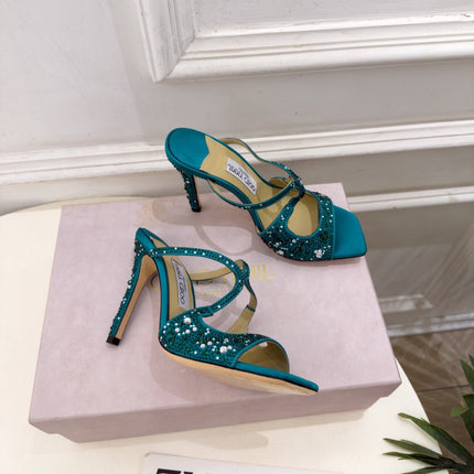 JIMMY CHOO 26S HEEL SANDALS 100 MM IN PEACOCK GREEN SATIN WITH MULTICOLORED CRYSTALS