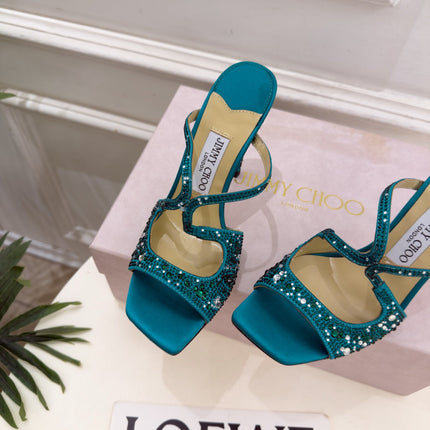 JIMMY CHOO 26S HEEL SANDALS 100 MM IN PEACOCK GREEN SATIN WITH MULTICOLORED CRYSTALS