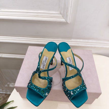 JIMMY CHOO 26S HEEL SANDALS 100 MM IN PEACOCK GREEN SATIN WITH MULTICOLORED CRYSTALS