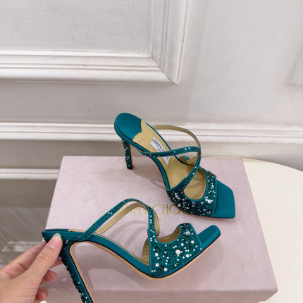 JIMMY CHOO 26S HEEL SANDALS 100 MM IN PEACOCK GREEN SATIN WITH MULTICOLORED CRYSTALS