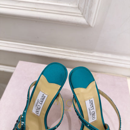 JIMMY CHOO 26S HEEL SANDALS 100 MM IN PEACOCK GREEN SATIN WITH MULTICOLORED CRYSTALS