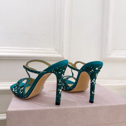 JIMMY CHOO 26S HEEL SANDALS 100 MM IN PEACOCK GREEN SATIN WITH MULTICOLORED CRYSTALS