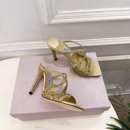 JIMMY CHOO 26S HEEL SANDALS 100 MM IN BEIGE SATIN WITH CRYSTALS