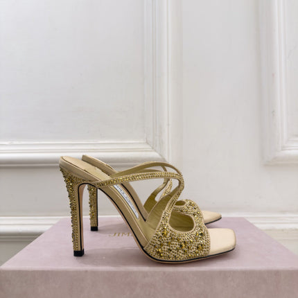 JIMMY CHOO 26S HEEL SANDALS 100 MM IN BEIGE SATIN WITH CRYSTALS