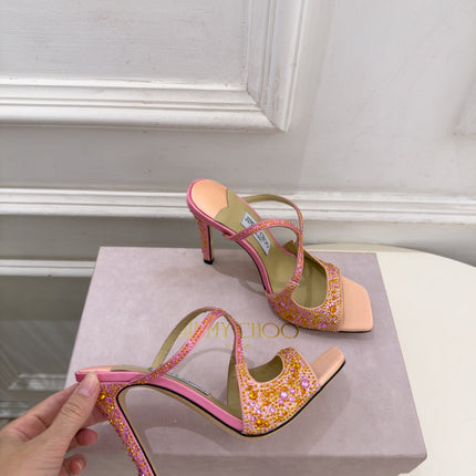 JIMMY CHOO 26S HEEL SANDALS 100 MM IN PEACH PINK SATIN WITH MULTICOLORED CRYSTALS