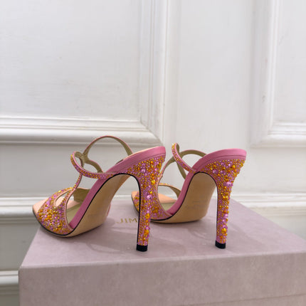 JIMMY CHOO 26S HEEL SANDALS 100 MM IN PEACH PINK SATIN WITH MULTICOLORED CRYSTALS