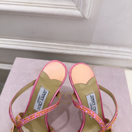 JIMMY CHOO 26S HEEL SANDALS 100 MM IN PEACH PINK SATIN WITH MULTICOLORED CRYSTALS