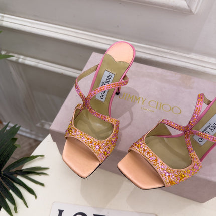 JIMMY CHOO 26S HEEL SANDALS 100 MM IN PEACH PINK SATIN WITH MULTICOLORED CRYSTALS
