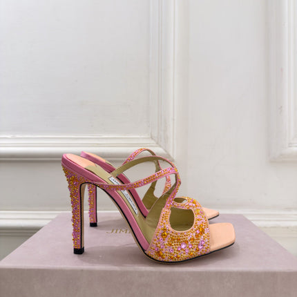 JIMMY CHOO 26S HEEL SANDALS 100 MM IN PEACH PINK SATIN WITH MULTICOLORED CRYSTALS