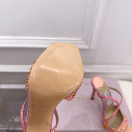 JIMMY CHOO 26S HEEL SANDALS 100 MM IN PEACH PINK SATIN WITH MULTICOLORED CRYSTALS