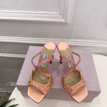 JIMMY CHOO 26S HEEL SANDALS 100 MM IN PEACH PINK SATIN WITH MULTICOLORED CRYSTALS