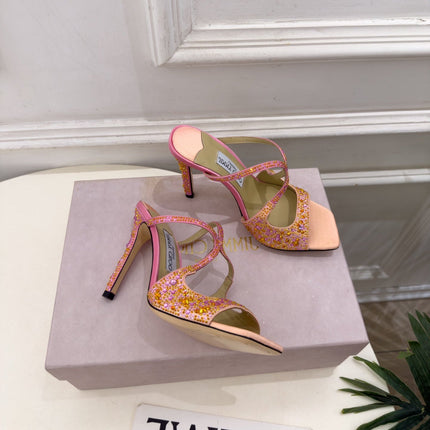 JIMMY CHOO 26S HEEL SANDALS 100 MM IN PEACH PINK SATIN WITH MULTICOLORED CRYSTALS