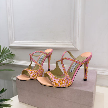 JIMMY CHOO 26S HEEL SANDALS 100 MM IN PEACH PINK SATIN WITH MULTICOLORED CRYSTALS