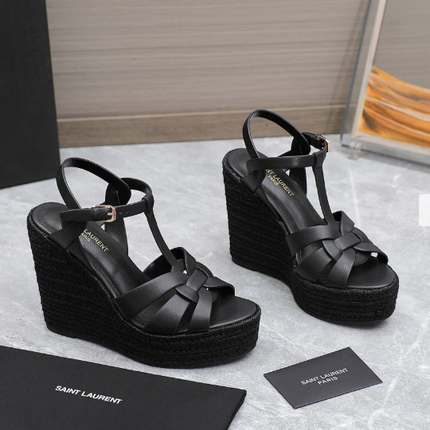 YSL TRIBUTE ESPADRILLE WEDGE SANDALS 105MM IN BLACK CALFSKIN