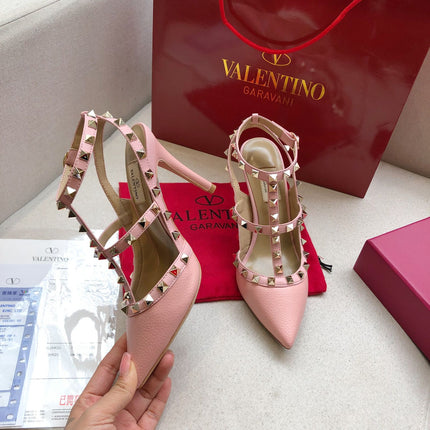 ROCKSTUD LIGHT PINK METALLIC CALFSKIN ANKLE STRAP HIGH SANDAL
